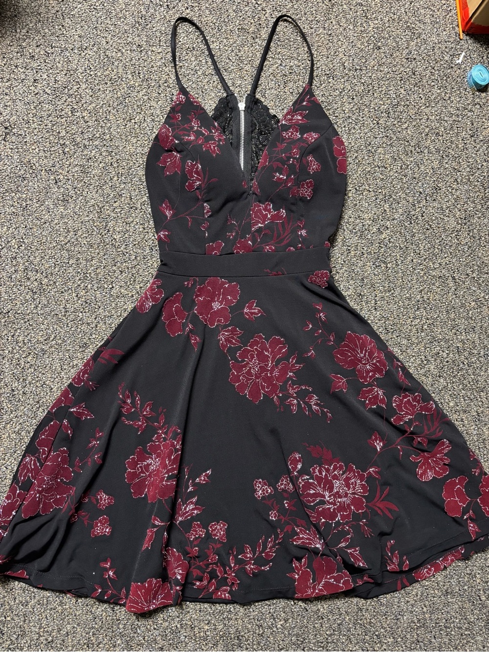 Le Chateau Sparkly Black & Burgundy Floral Spaghetti-Strap Dress